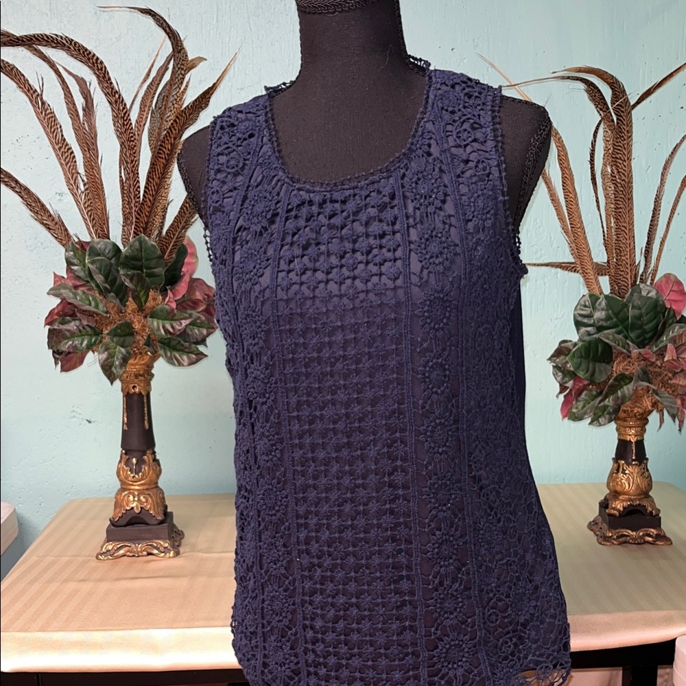 Adiva Deep Navy Blue Lace Tank Top
